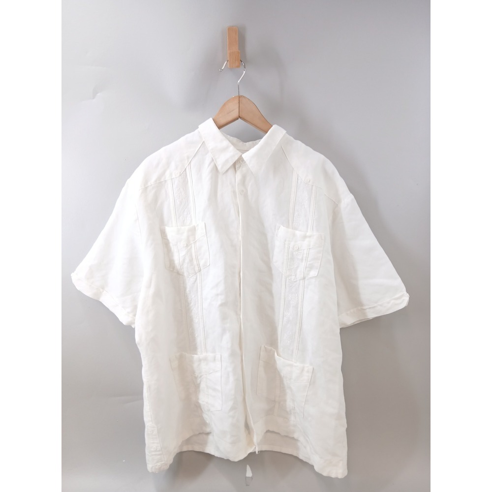 Cubavera Guayabera Ramie Mens XXL White Short Sleeve Embroidered 4 Pocket Shirt